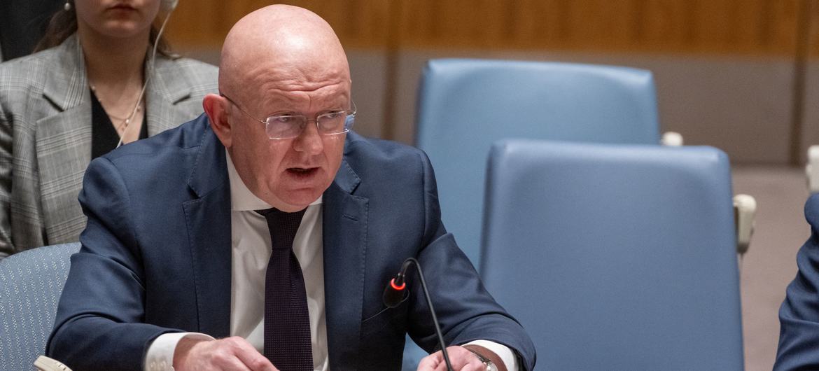 Ambassador Vassily Nebenzia of the Russian Federation addresses the Security Council meeting on threats to international peace and security.